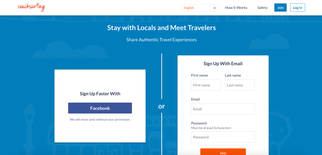 screenshot of couchsurfing website